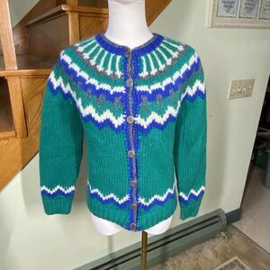 Cambridge Spirit Cardigan Sweater Sz M Green Fair Isle Shetland Wool Vintage